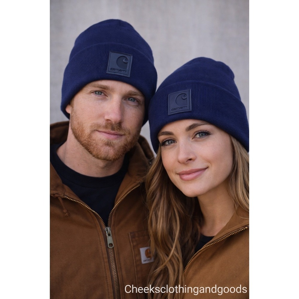 New Carhartt Navy Knit Beanie Hat Tonal Logo Patch Watch Cap 101070 NVY Mens